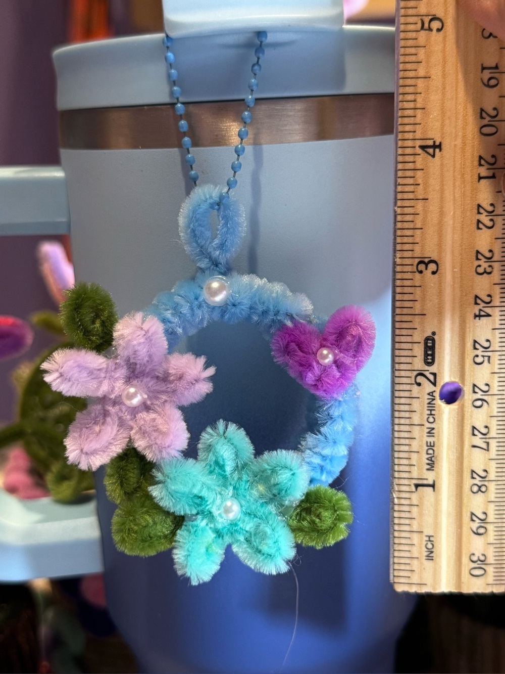 Fuzzy handcraft Flower Charm - Pastel Blue, purple , green